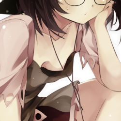 Rule 34 | 1girl, arm support, breasts, brown hair, close-up, collarbone, downblouse, futatsuiwa mamizou, glasses, gorilla (bun0615), nipple slip, nipples, shirt, simple background, skirt, small breasts, solo, touhou