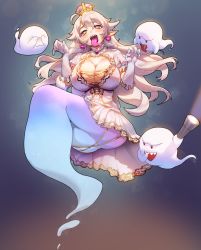Rule 34 | + +, 1girl, absurdres, ass, blush, boo (mario), breasts, claw pose, cleavage, crown, dress, earrings, flashlight, frilled dress, frilled gloves, frills, full body, ghost, gloves, hair between eyes, hands up, highres, huge breasts, jewelry, long hair, long tongue, looking at viewer, luigi&#039;s mansion, mario (series), muloli, new super mario bros. u deluxe, nintendo, open mouth, pointy ears, princess king boo, puffy short sleeves, puffy sleeves, red eyes, sharp teeth, short sleeves, silver hair, solo, super crown, sweatdrop, teeth, tongue, tongue out, white dress, white gloves