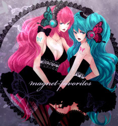 Rule 34 | 2girls, aqua eyes, aqua hair, bad id, bad pixiv id, butterfly hair ornament, butterfly wings, dress, fingerless gloves, gloves, hair ornament, hatsune miku, headphones, highres, holding hands, insect wings, long hair, magnet (vocaloid), megurine luka, multiple girls, pink hair, thighhighs, twintails, vocaloid, wings, yuri, zettai ryouiki, zukiyuki