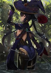 Rule 34 | 1girl, absurdres, arm up, ass, backless leotard, black hair, blue capelet, blue eyes, blue leotard, blush, bodystocking, breasts, capelet, closed mouth, commentary request, cowboy shot, day, forest, from behind, genshin impact, gold trim, hat, highres, leotard, long hair, looking at viewer, looking back, mona (genshin impact), nature, outdoors, sideways glance, sketch, small breasts, solo, standing, strapless, strapless leotard, the olphy, thighlet, thighs, tree, twintails, wading, water, wet, witch hat