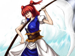 Rule 34 | 1girl, blush, cowboy shot, evil smile, female focus, frills, glint, hair bobbles, hair ornament, hand on own hip, holding, holding weapon, japanese clothes, katagi ren, kimono, onozuka komachi, polearm, puffy short sleeves, puffy sleeves, red eyes, red hair, scythe, short hair, short sleeves, smile, solo, standing, touhou, twintails, two side up, weapon