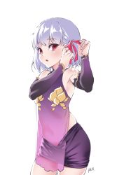 Rule 34 | 1girl, absurdres, artist name, bare shoulders, blush, bow, covered navel, cowboy shot, detached sleeves, dress, f.w.zholic, fate/grand order, fate (series), hair bow, highres, kama (fate), kama (first ascension) (fate), light purple hair, looking at viewer, medium hair, open mouth, purple skirt, purple sleeves, red eyes, simple background, skirt, solo, white background