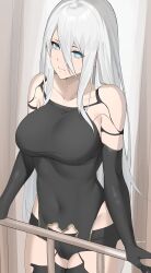 Rule 34 | 1girl, absurdres, android, bare shoulders, black gloves, blue eyes, breasts, byeon dha, commentary, covered navel, elbow gloves, english commentary, gloves, highres, joints, large breasts, long hair, looking at viewer, mole, mole under mouth, nier:automata, nier (series), panties, robot joints, solo, thighhighs, underwear, white hair, a2 (nier:automata)