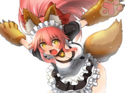 Rule 34 | 1girl, alternate costume, animal ears, animal hands, apron, bell, breasts, cleavage, collar, enmaided, fangs, fate/grand order, fate (series), fox ears, fox tail, hair ribbon, highres, large breasts, long hair, looking at viewer, maid, maid apron, maid headdress, makishima azusa, neck bell, open mouth, pink hair, ribbon, simple background, solo, tail, tamamo (fate), tamamo cat (fate), tamamo cat (second ascension) (fate), tamamo no mae (fate/extra), white background, yellow eyes