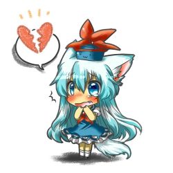 Rule 34 | &gt;:3, 1girl, :3, animal ears, bad id, bad pixiv id, blue dress, blue eyes, blue hair, blush, broken heart, chibi, dog ears, dog tail, dress, fang, female focus, hand to own mouth, hat, heart, kamishirasawa keine, kemonomimi mode, long hair, matching hair/eyes, open mouth, rebecca (keinelove), solo, tail, tears, touhou, v-shaped eyebrows, wavy mouth