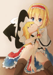 Rule 34 | 1girl, alice margatroid, blonde hair, blue eyes, boots, capelet, character doll, ema20, female focus, hairband, highres, holding, kirisame marisa, sitting, skirt, solo, touhou