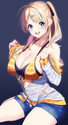 Rule 34 | 1girl, absurdres, bare shoulders, bikini, blonde hair, blue eyes, breasts, cleavage, collarbone, front-tie top, hachimiya meguru, hair ornament, hairclip, hands up, highres, hood, hoodie, idolmaster, idolmaster shiny colors, large breasts, layered bikini, long hair, long sleeves, looking at viewer, nebusoku, open clothes, open hoodie, open mouth, partially unzipped, ponytail, short shorts, shorts, sidelocks, simple background, sitting, smile, solo, striped clothes, striped hoodie, swept bangs, swimsuit, undressing, wariza