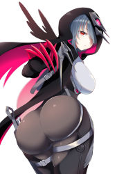 Rule 34 | 1girl, artist request, ass, bodysuit, breasts, cloak, from behind, highres, honkai (series), honkai impact 3rd, hood, hooded cloak, huge ass, large breasts, looking at viewer, looking down, raven (honkai impact), red eyes, shiny clothes, short hair, sideboob, silver hair, simple background, skin tight, solo, thigh strap, white background