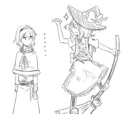 Rule 34 | ..., 2girls, alice margatroid, apron, ascot, boots, braid, broom, broom surfing, capelet, female focus, greyscale, grin, hairband, hat, kirisame marisa, klent, long sleeves, looking at another, monochrome, multiple girls, sash, short hair, short sleeves, side braid, sketch, smile, touhou, waist apron, witch hat