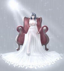 Rule 34 | 1girl, absurdres, azur lane, black hair, breasts, center opening, cleavage, commentary, dido (magicc), dress, feet, hair strand, highres, large breasts, long hair, looking at viewer, official alternate costume, plunging neckline, red eyes, satin dress, see-through, see-through dress, silver footwear, simple background, sitting, sleeveless, sleeveless dress, solo, taihou (azur lane), taihou (temptation on the sea breeze) (azur lane), thighhighs, wedding dress, white dress, white thighhighs