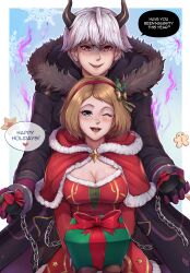 Rule 34 | 1boy, 1girl, absurdres, alternate costume, blue eyes, breasts, brown hair, christmas, cleavage, elbow gloves, evomanaphy, fire emblem, fire emblem awakening, fire emblem heroes, freckles, gloves, grey hair, grima (fire emblem), hairband, highres, horns, kiran (female) (fire emblem), kiran (fire emblem), large breasts, long sleeves, looking at viewer, nintendo, one eye closed, open mouth, red eyes, red gloves, santa costume, shaded face, short hair, speech bubble