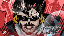 Rule 34 | 1boy, ace (arknights), ao oni (onioni-aoi), arknights, black hair, close-up, commentary request, copyright name, facial hair, headset, highres, lens flare, male focus, microphone, open mouth, parody, portrait, red background, screaming, short hair, solo, style parody, sunglasses, teeth, tengen toppa gurren lagann, ttgl eyecatch