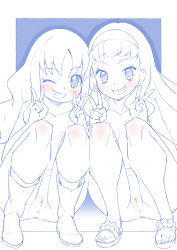Rule 34 | 2girls, blue theme, boots, breasts, cleft of venus, commentary, double v, earrings, grin, hairband, heartcatch precure!, highres, jewelry, kurumi erika, laura la mer, long hair, looking at viewer, miyagoe yoshitsuki, monochrome, multiple girls, navel, nude, one eye closed, outside border, precure, pussy, sandals, side-by-side, small breasts, smile, socks, spot color, squatting, tropical-rouge! precure, v