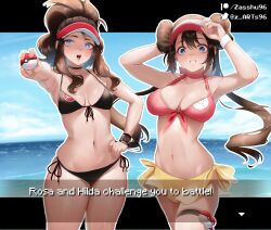 Rule 34 | 2girls, bikini, black bikini, blue eyes, blue sky, breasts, brown hair, cloud, commentary, creatures (company), day, dialogue box, double bun, english text, floating hair, game freak, grin, hair bun, hand on own hip, high ponytail, highres, hilda (pokemon), holding, holding poke ball, large breasts, long hair, looking at viewer, medium breasts, multiple girls, navel, nintendo, ocean, open mouth, outdoors, pink bikini, poke ball, poke ball (basic), pokemon, pokemon bw, pokemon bw2, rosa (pokemon), sarong, sky, smile, stomach, swimsuit, symbol-only commentary, twintails, visor cap, watch, wet, wristwatch, yellow sarong, zasshu
