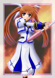 Rule 34 | 00s, 1girl, black gloves, black socks, blue eyes, border, character name, dress, fingerless gloves, gloves, jacket, kneehighs, long hair, long sleeves, looking at viewer, lyrical nanoha, magical girl, mahou shoujo lyrical nanoha, mahou shoujo lyrical nanoha strikers, open clothes, open jacket, orange hair, outstretched arms, purple eyes, raising heart, raising heart (exceed mode), red hair, socks, solo, standing, takamachi nanoha, takamachi nanoha (exceed mode), thighhighs, twintails, white dress, yamaguchi ugou, zettai ryouiki