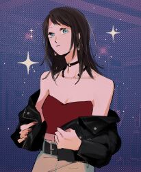 Rule 34 | 1girl, bang dream!, bang dream! it&#039;s mygo!!!!!, bare shoulders, belt, black choker, black hair, black jacket, blue eyes, choker, closed mouth, commentary request, earrings, halftone, halftone background, highres, jacket, jewelry, long hair, looking at viewer, off shoulder, open clothes, open jacket, prigpet, purple background, red nails, red shirt, shirt, solo, sparkle, strapless, strapless shirt, thai commentary, upper body, yahata umiri