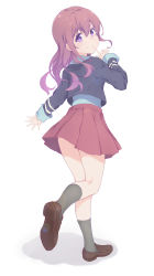 Rule 34 | 1girl, brown footwear, brown hair, closed mouth, from behind, full body, girlish number, grey socks, highres, jacket, karasuma chitose (girlish number), kneepits, kuroyume (96061617), loafers, long hair, long sleeves, looking at viewer, looking to the side, miniskirt, purple eyes, red skirt, shoes, simple background, skirt, smile, socks, solo, white background