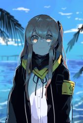 Rule 34 | 1girl, armband, black jacket, brown eyes, brown hair, cloud, commentary request, crying, crying with eyes open, day, girls&#039; frontline, hair between eyes, highres, jacket, light smile, long hair, looking at viewer, ocean, one side up, open clothes, open jacket, outdoors, palm tree, scar, scar across eye, scar on face, scarf, sena yuuta, shade, shirt, sidelocks, sky, solo, tears, tree, ump45 (girls&#039; frontline), upper body, water, white shirt