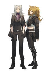 Rule 34 | 2girls, absurdres, animal ears, arknights, black footwear, black jacket, black pants, black vest, blonde hair, brown eyes, cat ears, closed mouth, collared shirt, crop top, hand on another&#039;s shoulder, hands in pockets, highres, indra (arknights), indra (valiant general) (arknights), jacket, long hair, long sleeves, midriff, multiple girls, necktie, official alternate costume, open clothes, open jacket, pants, ponytail, purple necktie, purple shirt, scar, scar on face, scar on nose, shirt, shoes, siege (arknights), siege (city destroyer) (arknights), silver hair, simple background, sleeves past wrists, smile, striped necktie, vest, white background, yeyuanqianqianqian