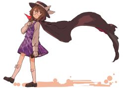 Rule 34 | 1girl, brown eyes, brown hair, cape, full body, glasses, gloves, hat, hat ribbon, image sample, kneehighs, long sleeves, looking to the side, low twintails, pisoshi, red-framed eyewear, resolution mismatch, ribbon, shirt, shoes, short hair, skirt, skirt set, socks, solo, source larger, touhou, twintails, usami sumireko, vest, white background, white gloves, white socks