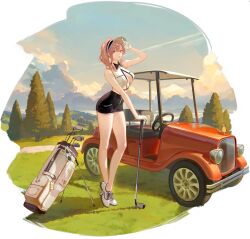 Rule 34 | 1girl, arm up, ask (askzy), azur lane, bare shoulders, black hat, breasts, brown hair, cleavage, clemenceau (azur lane), clemenceau (splendid breeze) (azur lane), cloud, cloudy sky, contrail, gloves, golf cart, golf club, hat, highres, landscape, large breasts, looking at viewer, motor vehicle, navel, official alternate costume, official art, red eyes, shirt, sky, steering wheel, underboob, white gloves, white shirt
