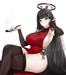 Rule 34 | 1girl, amai-pai, armpits, black hair, black thighhighs, blue archive, breasts, bridal gauntlets, bright pupils, china dress, chinese clothes, crossed legs, dress, hair ornament, hairclip, halo, highres, holding, holding smoking pipe, large breasts, long hair, mole, mole under eye, red dress, red eyes, rio (blue archive), sideboob, sitting, smile, smoking pipe, solo, thighhighs, white pupils