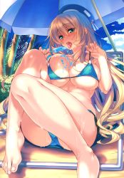 Rule 34 | 10s, 1girl, absurdres, aqua bikini, aqua eyes, atago (kancolle), barefoot, beach, beach umbrella, beret, bikini, blonde hair, blue bikini, blue eyes, blush, breast press, breasts, chair, cleavage, cream, covered erect nipples, feet, food on body, hair between eyes, hat, highres, huge filesize, kantai collection, knees up, large breasts, licking, long hair, looking at viewer, palm tree, piromizu, popsicle, popsicle stick, saliva, saliva trail, sexually suggestive, sitting, solo, strap lift, swimsuit, tongue, tongue out, tree, umbrella, underboob, very long hair, wet