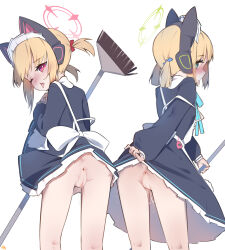 Rule 34 | 2girls, alternate costume, animal ear headphones, animal ears, anus, apron, aqua ribbon, ass, black dress, blonde hair, blue archive, blue bow, blush, bow, broom, cat ear headphones, censored, clothes lift, commentary, dress, enmaided, fake animal ears, from behind, hair bow, halo, headphones, highres, holding, holding broom, intertwined tails, keyfanjun, lifting own clothes, looking at viewer, maid, maid apron, maid headdress, midori (blue archive), midori (maid) (blue archive), momoi (blue archive), momoi (maid) (blue archive), mosaic censoring, multiple girls, neck ribbon, nose blush, one eye closed, profile, pussy, pussy juice, pussy juice trail, red bow, ribbon, short hair, short twintails, siblings, sisters, skirt, skirt lift, tongue, tongue out, twins, twintails