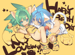 Rule 34 | 2girls, alternate color, animal ears, animal hands, animal print, bad id, bad pixiv id, banana, blade, blade (galaxist), blue eyes, blue hair, blush, bottomless, cat ears, cat tail, cham cham, child, dual persona, food, fruit, gloves, green eyes, green hair, hair ornament, lying, multiple girls, paw gloves, paw shoes, player 2, samurai spirits, shoes, tail, tiger print