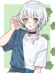 Rule 34 | 1girl, bang dream!, bang dream! it&#039;s mygo!!!!!, black choker, blue eyes, blue jumpsuit, blush, border, bright pupils, choker, claw pose, commentary request, earclip, earrings, fang, green background, heterochromia, highres, jewelry, jumpsuit, kaname raana, looking at viewer, nanami (nunnun 0410), open mouth, paw print, shirt, short sleeves, simple background, solo, stud earrings, upper body, white border, white hair, white pupils, white shirt, wolf cut, yellow eyes