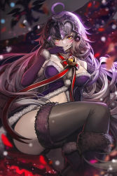 Rule 34 | 1girl, ahoge, arm support, bare shoulders, bell, black panties, black thighhighs, blurry, blurry foreground, blush, breasts, cleavage, depth of field, dress, elbow gloves, fate/grand order, fate (series), flag, floating hair, fur-trimmed dress, fur-trimmed footwear, fur-trimmed gloves, fur-trimmed legwear, fur trim, gloves, goomrrat, grin, hand up, headpiece, highres, jeanne d&#039;arc (fate), jeanne d&#039;arc alter (avenger) (fate), jeanne d&#039;arc alter (fate), jingle bell, large breasts, light particles, long hair, looking at viewer, messy hair, neck bell, neck ribbon, open clothes, open dress, pale skin, panties, purple dress, purple footwear, purple gloves, red ribbon, ribbon, santa costume, sidelocks, silver hair, smile, snow, snowing, strapless, strapless dress, thighhighs, tsurime, underwear, wind, yellow eyes