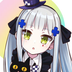 Rule 34 | black cat, bow, bowtie, cat, checkered clothes, checkered neckwear, chestnut mouth, facial mark, frills, girls&#039; frontline, green eyes, hair ornament, hair ribbon, hat, head tilt, hk416 (black kitty&#039;s gift) (girls&#039; frontline), hk416 (girls&#039; frontline), long hair, looking at viewer, mini hat, official alternate costume, open mouth, ribbon, silver hair, teardrop facial mark, teardrop tattoo, upper body, yellow eyes, aged down, yuki shiro