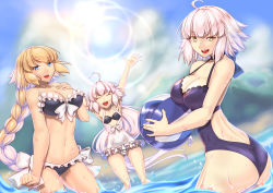 Rule 34 | 3girls, ahoge, bikini, bikini top only, black bikini, blonde hair, blue eyes, braid, breasts, cleavage, fate/apocrypha, fate/grand order, fate (series), jeanne d&#039;arc (fate), jeanne d&#039;arc (ruler) (fate), jeanne d&#039;arc alter (avenger) (fate), jeanne d&#039;arc alter (fate), jeanne d&#039;arc alter santa lily (fate), large breasts, long hair, looking at viewer, multiple girls, one-piece swimsuit, open mouth, pixiv fate/grand order contest 2, silver hair, single braid, smile, swimsuit, very long hair, yellow eyes, aged down, yui sora