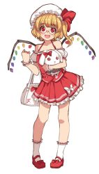 Rule 34 | 1girl, :d, adapted costume, alternate costume, bag, bare shoulders, bespectacled, blush, bobby socks, contemporary, fang, flandre scarlet, full body, glasses, handbag, hat, kugi ta hori taira, looking at viewer, mary janes, open mouth, red-framed eyewear, red eyes, semi-rimless eyewear, shoes, short hair, side ponytail, simple background, smile, socks, solo, stuffed animal, stuffed rabbit, stuffed toy, touhou, under-rim eyewear, white background, white socks, wings, wrist cuffs