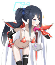 Rule 34 | 1girl, alternate costume, aris (blue archive), arm guards, armor, bikini armor, black gloves, black hair, black thighhighs, blue archive, blue bow, blue eyes, blush, bow, breasts, cape, collarbone, cowboy shot, donutman, elbow gloves, elizabeth bathory (brave) (fate), elizabeth bathory (fate), fate/grand order, fate (series), gloves, gluteal fold, greaves, hair between eyes, hair bow, halo, highres, holding, holding sword, holding weapon, huge weapon, leaning forward, long hair, long hair between eyes, navel, oversized breast cup, parted lips, pauldrons, ponytail, red armor, shoulder armor, sidelocks, silver trim, simple background, small breasts, solo, sweatdrop, sword, thighhighs, v-shaped eyebrows, very long hair, weapon, white background, white cape