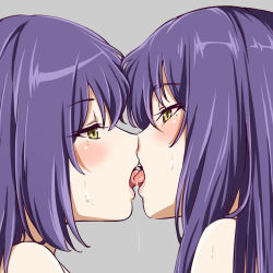 Rule 34 | 2girls, blush, close-up, eye contact, female focus, french kiss, from side, grey background, half-closed eyes, incest, jitome, kiss, kujya, lips, long hair, looking at another, medium hair, mole, mole under eye, multiple girls, nude, original, profile, purple hair, saliva, shiny skin, siblings, simple background, sisters, sweat, tongue, tongue out, twincest, twins, yellow eyes, yuri