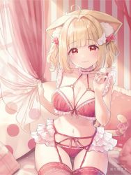 Rule 34 | 1girl, ahoge, animal ear fluff, animal ears, bedroom, blonde hair, blunt bangs, blush, bra, cat ears, cat girl, cat tail, choker, closed mouth, curtains, fingernails, frilled bra, frilled choker, frilled garter belt, frilled straps, frills, garter belt, hair intakes, halterneck, heart, heart ahoge, highres, indoors, kemomimi refle!, kuyukian3, lace, lace-trimmed legwear, lace trim, lingerie, looking at viewer, medium hair, narrow waist, navel, nekoma karin, panties, red bra, red eyes, red garter belt, red panties, red thighhighs, ribbon, second-party source, sitting, smile, solo, tail, tail ornament, tail ribbon, thighhighs, twintails, twintails day, underwear, underwear only, virtual youtuber, wing hair ornament