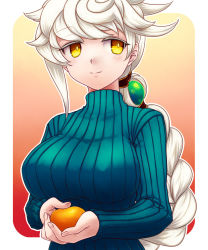 Rule 34 | 10s, 1girl, alternate costume, blush, braid, breasts, food, fruit, hair ornament, highres, kantai collection, large breasts, long hair, long sleeves, mandarin orange, ribbed sweater, shimomoto, silver hair, single braid, smile, solo, sweater, unryuu (kancolle), upper body, very long hair, yellow eyes