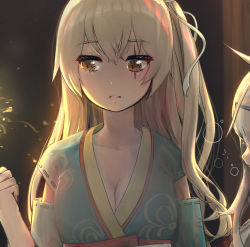 Rule 34 | 2girls, blonde hair, breasts, brown eyes, cleavage, close-up, commentary request, detached sleeves, expressionless, fireworks, g11 (girls&#039; frontline), girls&#039; frontline, green kimono, grey hair, guunhanchi, hair ornament, hair ribbon, highres, holding, japanese clothes, kimono, long hair, looking to the side, medium breasts, multiple girls, night, night sky, parted lips, ponytail, ribbon, scar, scar across eye, scar on face, shiny clothes, side ponytail, sky, tagme, teeth, ump45 (girls&#039; frontline), white kimono, white ribbon