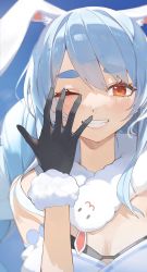 Rule 34 | 1girl, absurdres, animal ear fluff, animal ears, bare shoulders, black gloves, blue background, blue hair, breasts, commentary, darkzmonsty, detached sleeves, don-chan (usada pekora), dress, english commentary, fur-trimmed gloves, fur trim, gloves, grin, hair between eyes, highres, hololive, long hair, looking at viewer, one eye closed, puffy short sleeves, puffy sleeves, rabbit ears, red eyes, short eyebrows, short sleeves, simple background, small breasts, smile, solo, strapless, strapless dress, thick eyebrows, upper body, usada pekora, usada pekora (1st costume), virtual youtuber, white dress, white sleeves