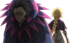 Rule 34 | 1boy, 1girl, armor, bad id, bad pixiv id, black eyes, black hair, blonde hair, bloom, braid, capelet, crying, crying with eyes open, fate/zero, fate (series), faulds, gilles de rais (caster) (fate), highres, jacket, jeanne d&#039;arc (fate), jeanne d&#039;arc (ruler) (fate), kankan33333, long hair, parted lips, purple jacket, single braid, smile, tears, upper body