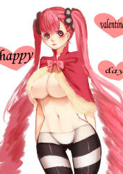 Rule 34 | 1girl, 8chinchin, absurdres, black eyes, blush, breasts, capelet, cleavage, colored eyelashes, cowboy shot, eyelashes, hair ornament, happy valentine, heart, heart background, highres, large breasts, lips, lipstick, long hair, looking at viewer, makeup, navel, one piece, pantyhose, perona, pink hair, pink lips, simple background, solo, standing, striped clothes, striped pantyhose, thigh gap, thighs, twintails, underboob, valentine, very long hair, wide hips