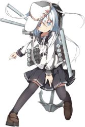 Rule 34 | 10s, 1girl, anchor, ascot, black thighhighs, blue eyes, blush, cannon, depth charge, full body, hammer and sickle, hat, hibiki (kancolle), kantai collection, loafers, long hair, official art, personification, petite, pleated skirt, sailor hat, school uniform, serafuku, shoes, skirt, solo, thighhighs, transparent background, verniy (kancolle), visor cap, white hair, yadokari (migihashi), zettai ryouiki