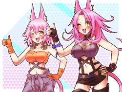 Rule 34 | &gt; o, 2girls, ;d, animal ear fluff, animal ears, bandeau, bare shoulders, black skirt, blush, boots, breasts, brown gloves, cat day, cat ears, cat girl, cat tail, cleavage, clothes around waist, collarbone, commentary request, covered collarbone, cowboy shot, duel monster, fang, fingerless gloves, gloves, grey jumpsuit, hair between eyes, hand on own hip, highres, jumpsuit, jumpsuit around waist, kitt (yu-gi-oh!), large breasts, long hair, looking at viewer, medium breasts, midriff, miniskirt, multiple girls, navel, one eye closed, open mouth, orange bandeau, orange gloves, p-b-c (dark matter kakine), pencil skirt, pink hair, purple bandeau, short hair, siblings, sidelocks, sisters, skin fang, skirt, smile, standing, tail, thigh boots, thumbs up, tri-brigade ferrijit the barren blossom, tri-brigade kitt, white background, yellow eyes, yu-gi-oh!