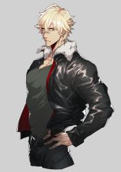 Rule 34 | 10s, 1boy, absurdres, blonde hair, closed mouth, cropped torso, dark persona, fate/extra, fate (series), fur-trimmed jacket, fur trim, gawain (fate), grey background, hands on own hips, highres, jacket, leather, leather jacket, looking at viewer, male focus, manly, ogata tomio, simple background, solo, yellow eyes