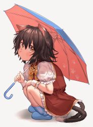 Rule 34 | 1girl, animal ears, black hair, blue footwear, blush, boots, bow, bowtie, brown eyes, cat ears, cat tail, chen, commentary request, dress, grey background, hair between eyes, highres, holding, holding umbrella, looking at viewer, masanaga (tsukasa), multiple tails, nekomata, no headwear, paw print, petticoat, puffy short sleeves, puffy sleeves, red dress, rubber boots, shadow, shirt, short dress, short hair, short sleeves, simple background, solo, squatting, tail, touhou, two tails, umbrella, white shirt, yellow bow, yellow bowtie