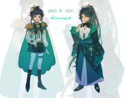 Rule 34 | 2girls, absurdres, alternate costume, bead necklace, beads, black hair, black shorts, boots, braid, cape, chinese clothes, crown, genshin impact, green cape, highres, jewelry, long sleeves, male focus, multicolored hair, multiple girls, necklace, open mouth, pantyhose, shorts, smile, suzushi, twin braids, venti (genshin impact), vision (genshin impact), xiao (genshin impact), yellow eyes