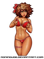 Rule 34 | 1girl, afro, bra, breast lift, breasts, breasts squeezed together, brown hair, cleavage, commentary, contrapposto, curvy, dark skin, dreadlocks, freckles, green eyes, hair ribbon, highres, lace, lace-trimmed bra, lace-trimmed panties, lace trim, large breasts, leg ribbon, lips, nail polish, navel, original, panties, red bra, red panties, red ribbon, ribbon, ronindude, solo, standing, thigh ribbon, underwear, underwear only, very dark skin, white background