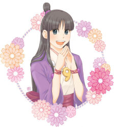 Rule 34 | 1girl, :d, ace attorney, black hair, floral background, half updo, hands up, hiraishi wataru, japanese clothes, jewelry, kimono, long hair, looking at viewer, magatama, maya fey, open mouth, own hands together, parted bangs, smile, solo, upper body, white background