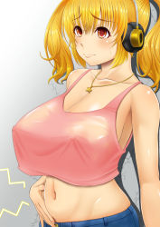 Rule 34 | 1girl, blonde hair, blush, breasts, cleavage, collarbone, covered erect nipples, crop top, crop top overhang, gradient background, hand on own stomach, headphones, highres, huge breasts, hungry, jewelry, midriff, navel, necklace, nitroplus, orange eyes, short hair, smile, solo, stomach, stomach growling, super pochaco, tank top, tomatto (@ma!), twintails